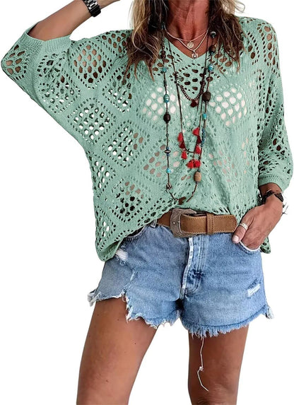 🥰Summer Sale-55% OFF💛Women's Bohemian-Inspired Beige Crochet Top With V-Neck