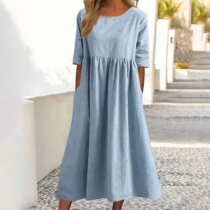 🔥Women's Casual Crew Neck Pocket Smocked Cotton Dress