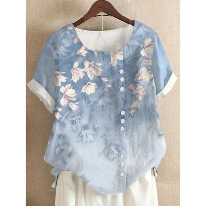Cotton and linen fashion printing ladies short-sleeved shirt