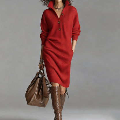 Women’s Button-Up Ribbed Knit Dress with Lapel Collar